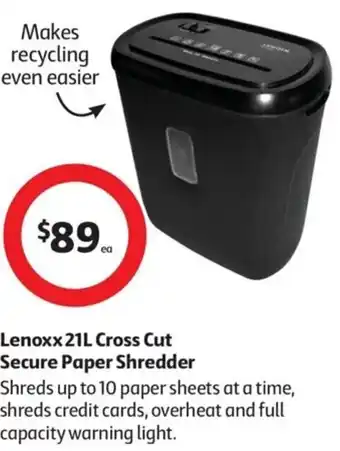 Coles Lenoxx 21L Cross Cut Secure Paper Shredder offer
