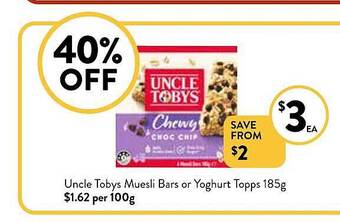 Foodworks Uncle tobys muesli bars or yoghurt topps offer