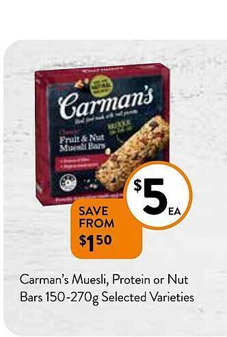Foodworks Carman's muesli, protein or nut bars offer