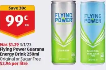 ALDI Flying Power Guarana Energy Drink 250ml offer
