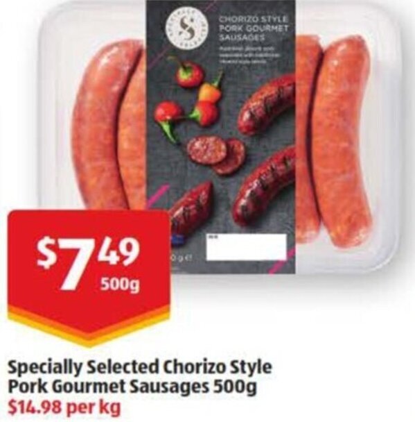 Specially Selected Chorizo Style Pork Gourmet Sausages 500g offer at ALDI