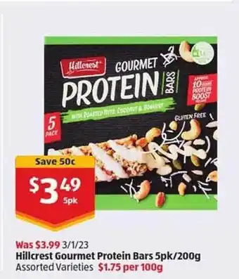 ALDI Hillcrest gourmet protein bars 5pk offer