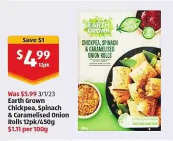 ALDI Earth grown chickpea, spinach & caramelised onion rolls offer