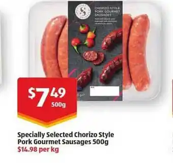 ALDI Specially selected chorizo style pork gourmet sausages offer