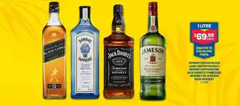 Johnnie walker black label scotch whisky bombay sapphire gin jack daniel's tennessee whiskey or jameson irish whiskey