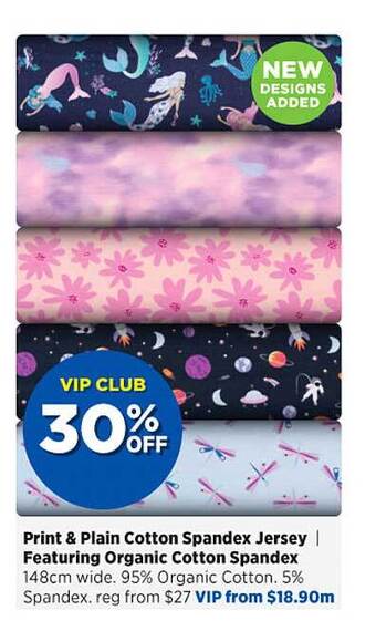Spotlight Print & plain cotton spandex jersey featuring organic cotton spandex offer