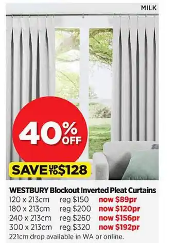Spotlight Westbury blockout inverted pleat curtains 40% off offer