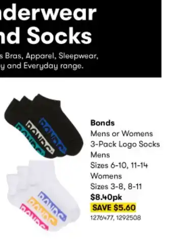 BIG W Bonds Mens or Womens 3-Pack Logo Socks Mens Size 6-10, 11-14/ Womens Size 3-8, 8-11 offer