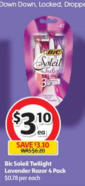 Coles Bic soleil twilight lavender razor 4 pack offer