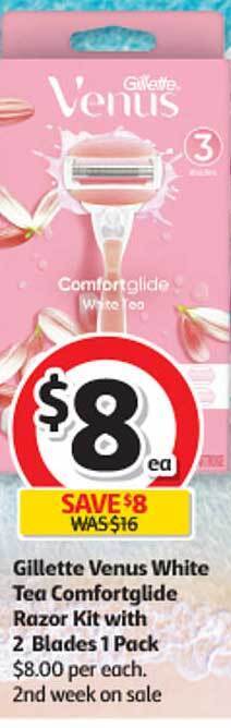 Coles Gillette venus white tea comfortglide razor kit with 2 blades 1 pack offer