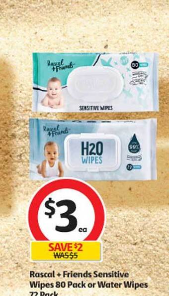 Coles Rascal + friends sensitive wipes 80 pack or water wipes 72 pack offer
