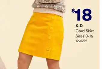 BIG W K-D Cord Skirt Size 8-16 offer