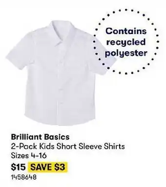 BIG W Brilliant basics 2-pack kids short sleeve shirts sizes 4-16 offer