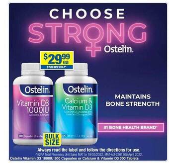 My Chemist Ostelin vitamin d3 1000iu 300 capsules or calcium & vitamin d3 300 tablets offer