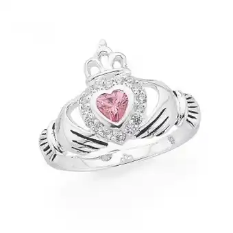 Prouds Sterling silver pink cubic zirconia claddagh ring offer
