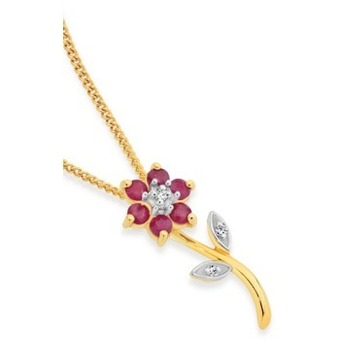 Angus & Coote 9ct gold ruby & diamond flower pendant offer