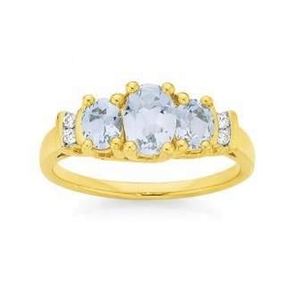 Angus & Coote 9ct gold aquamarine & diamond trilogy ring offer