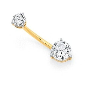 9ct gold double round cubic zirconia belly bar
