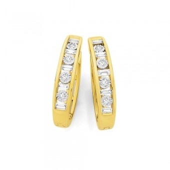 Angus & Coote 9ct gold diamond round brilliant cut & baguette cut miracle set huggie earrings offer