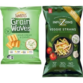 Coles Majans infuzions or calbee harvest snaps 5 pack or grainwaves 170g offer