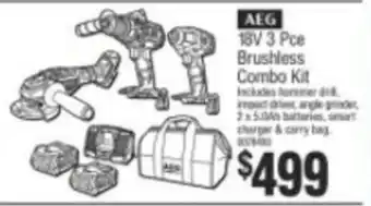 Bunnings AEG 18V 3 Pce Brushless Combo Kit offer
