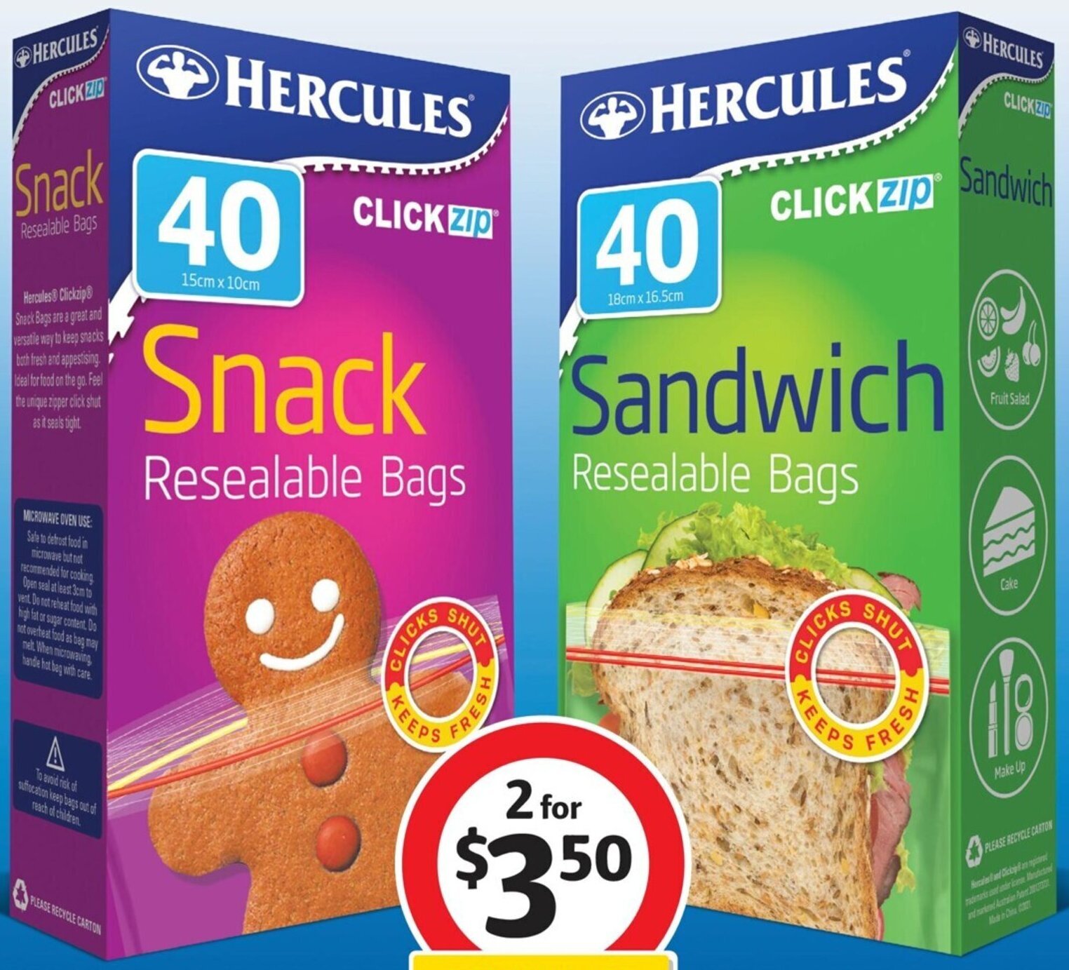 Hercules Click Zip Resealable Snack or Sandwich Bags 40 Pack offer at Coles