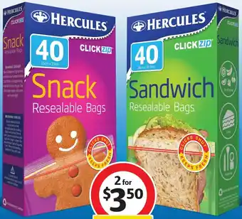 Coles Hercules Click Zip Resealable Snack or Sandwich Bags 40 Pack offer