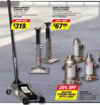 Autobarn 3000kg hydraulic workshop jack or 2000kg pin or screw type axle stand or selected bottle jacks offer