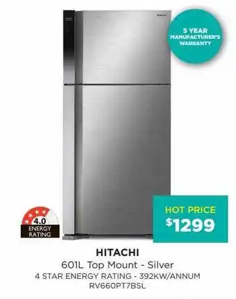 Bing Lee Hitachi 601l top mount - silver 4 star energy rating - 392kw-annum rv660pt7bsl offer