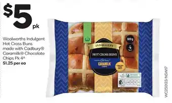 Woolworths Indulgent hot cross buns mode with cadbury caramilk chocolate chips offer