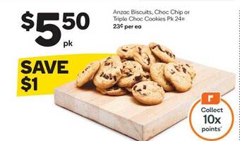 Woolworths Anzac biscuits, choc chip or triple choc cookies pk 24 offer