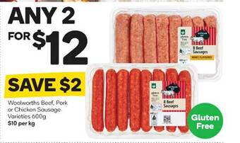 Woolworths Woolworths beef, pork or chicken sausage varieties offer