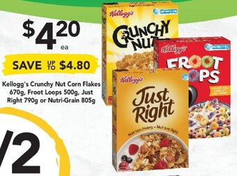 Drakes Kellogg's Crunchy Nut Corn Flakes 670g, Froot Loops 500g, Just Right 790g or Nutri-Grain 805g offer