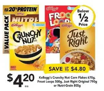 Drakes Kellogg's Crunchy Nut Corn Flakes 670g, Froot Loops 500g, Just Right 790g or Nutri-Grain 805g offer