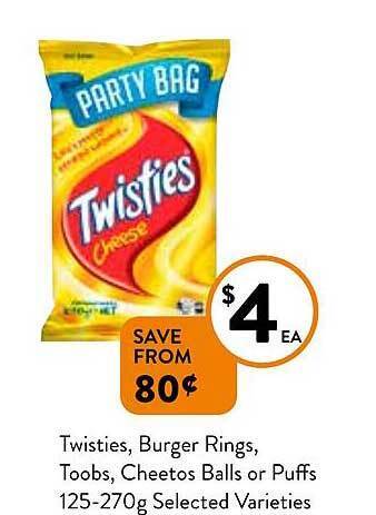 Foodworks Twisties, burger rings, toobs, cheetos balls or puffs offer