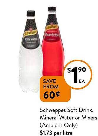 Foodworks Schweppes soft drink, mineral water or mixers offer