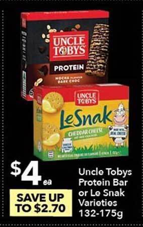 Ritchies Uncle tobys protein bar or le snack offer