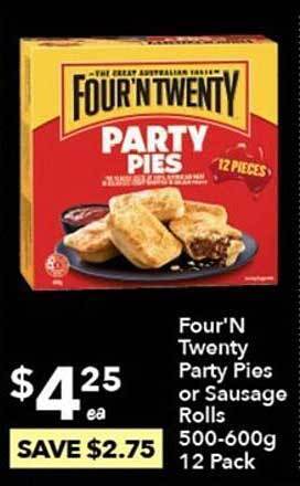 Ritchies Four'n twenty party pies or sausage rolls offer