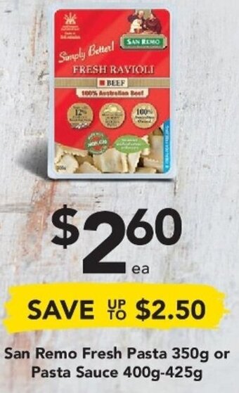 Drakes San Remo Fresh Pasta 350g or Pasta Sauce 400g-425g offer