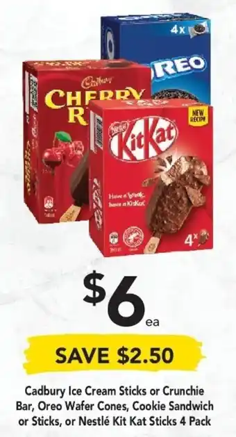 Drakes Cadbury Ice Cream Sticks or Crunchie Bar, Oreo Wafer Cones, Cookie Sandwich or Sticks, or Nestle Kitkat Sticks 4 pack offer