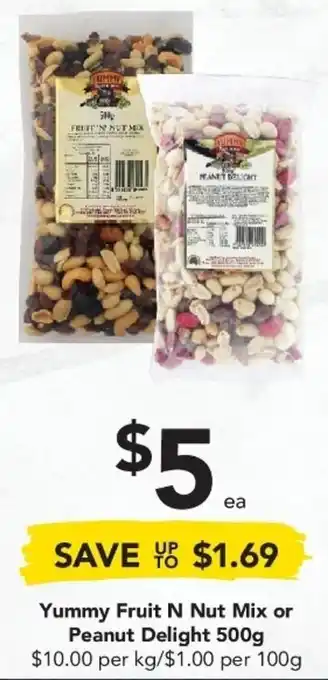 Drakes Yummy Fruit N Nut Mix or Peanut Delight 500g offer