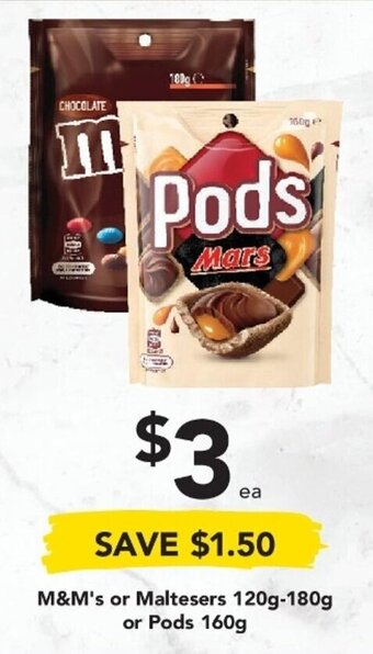 Drakes M&M's or Maltesers 120g-180g or Pods 160g offer