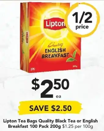 Drakes Lipton Tea Bags Quality Black Tea or English Breakfast 100 Pack 200g offer