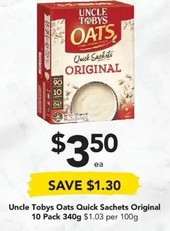 Drakes Uncle Tobys Oats Quick Sachets Original 10 Pack 340g offer