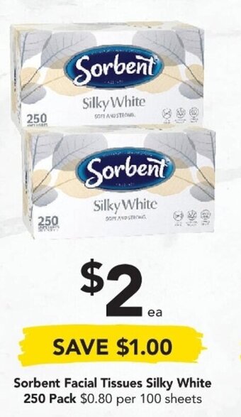 Drakes Sorbent Facial Tissues Silky White 250 Pack offer