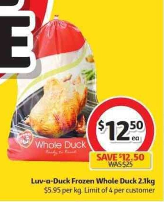 LuvaDuck Frozen Whole Duck 2.1Kg offer at Coles