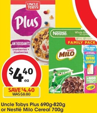 Coles Uncle Tobys Plus 690g-820g or Nestlé Milo Cereal 700g offer