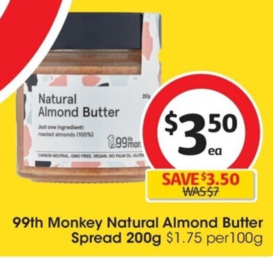 99th Monkey Natural Almond Butter Spread 200g offer at Coles