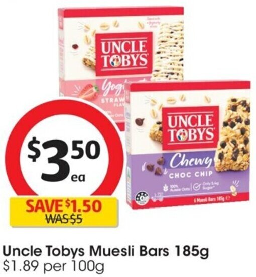 Uncle Tobys Muesli Bars 185g offer at Coles