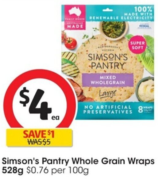 Simson's Pantry Whole Grain Wraps 528g offer at Coles
